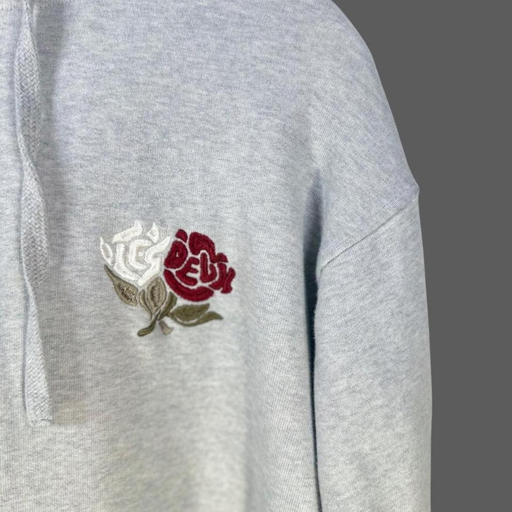 Les Deux Mens Embroidered Rose Hoodie Grey Fleece Sweatshirt Size M